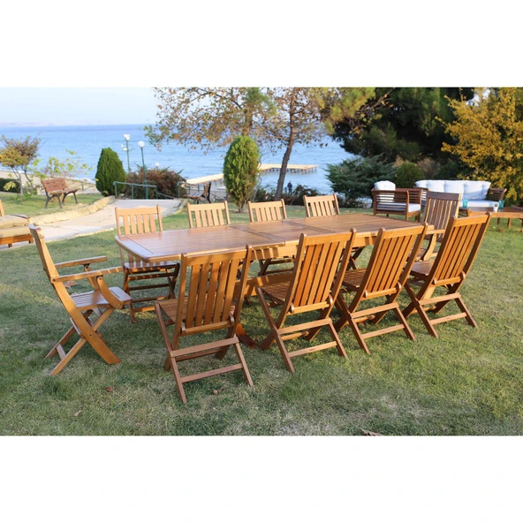 Bahçeme Avşa Side Ahşap Bahçe Balkon Takımı: 100x200 + 100 cm Uzayan Masa & 10 Katlanır Sandalye ürün görseli