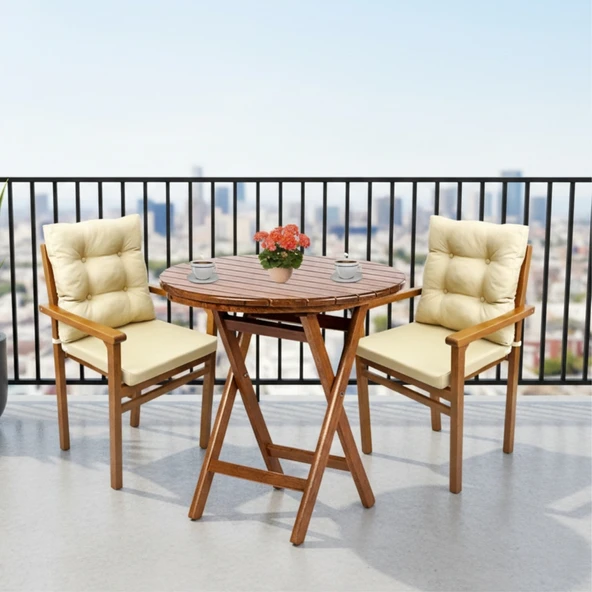 Bahçeme Manavgat Ahşap Bahçe Balkon Seti: 90Lık Masa + 2 Minderli Sandalye ürün görseli 1