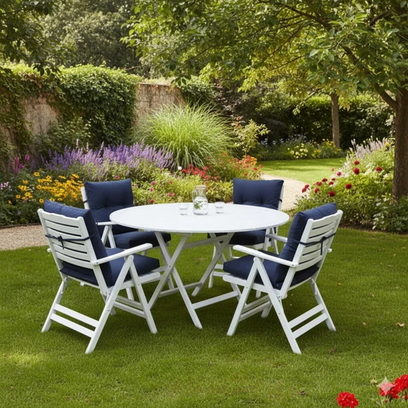 Bahçeme Ürgüp Katlanır Ahşap Bahçe Balkon Takımı Beyaz: 90lık Masa + 4 Minderli Sandalye ürün görseli