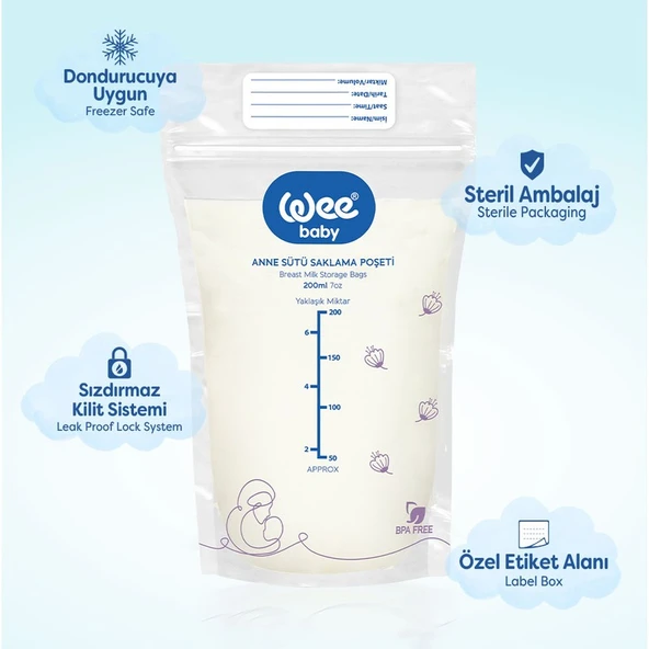 Wee Baby Anne Sütü Saklama Poşeti 20 Adet BPA İçermeyen Dondurucuya Uygun 200 ml - Resim 4
