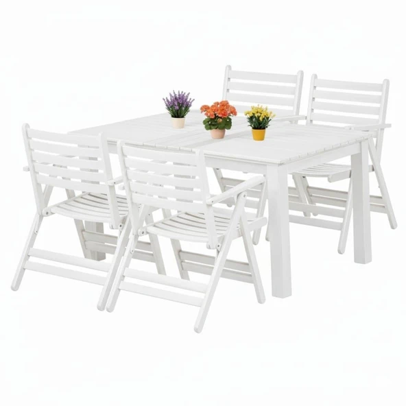 Bahçeme Antalya S Ahşap Bahçe Balkon Seti Beyaz: 80x120 Sabit Masa + 4 Katlanır Sandalye - Resim 3