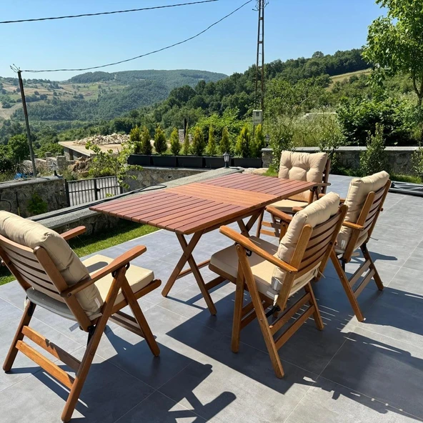 Bahçeme Antalya Katlanır Ahşap Bahçe Balkon Seti: 70x120 Masa +6 Minderli Sandalye - Resim 2