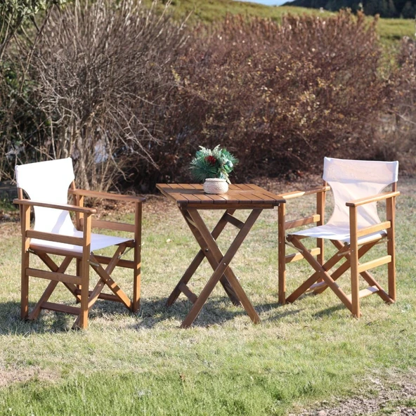 Bahçeme Yönetmen Katlanır Ahşap Bahçe Balkon Seti: 60x60 Masa + 2 Sandalye ürün görseli 1