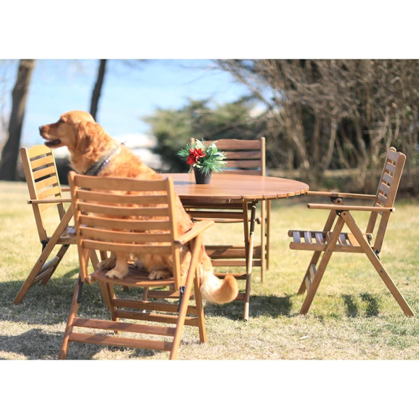 Bahçeme Antalya Katlanır Ahşap Bahçe Balkon Seti: 70lik Yuvarlak Masa + 4 Sandalye - Resim 6