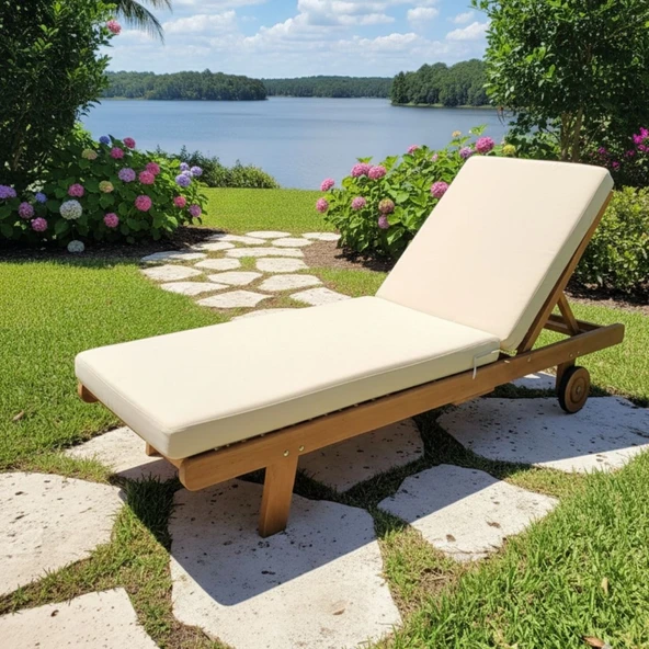Bahçeme Riva Kademeli Ahşap Şezlong Tekerlekli -5 cm Minderli - Resim 2