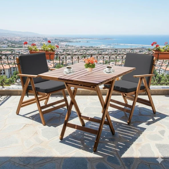 Bahçeme Antalya Katlanır Ahşap Bahçe Balkon Takımı Beyaz: 60x60 Masa + 2 Düz Minderli Sandalye - Resim 4