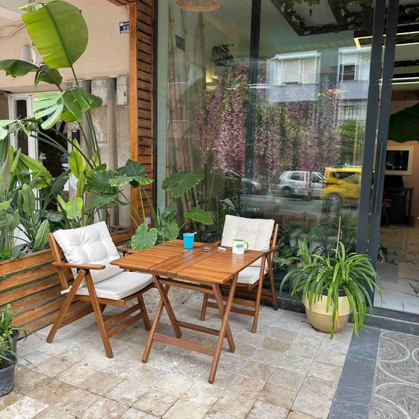 Bahçeme Antalya Katlanır Ahşap Bahçe Balkon Takımı: 80x80 Masa + 2 Minderli Sandalye - Resim 5