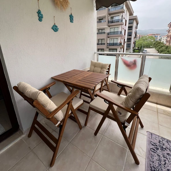 Bahçeme Antalya Katlanır Ahşap Bahçe Balkon Takımı: 60x80 Masa + 3 Minderli Sandalye ürün görseli 1