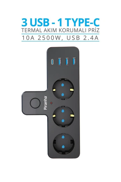Piranha Akım Korumalı 3 USB 1 Type-C Girişli 3'lü Priz - Resim 2