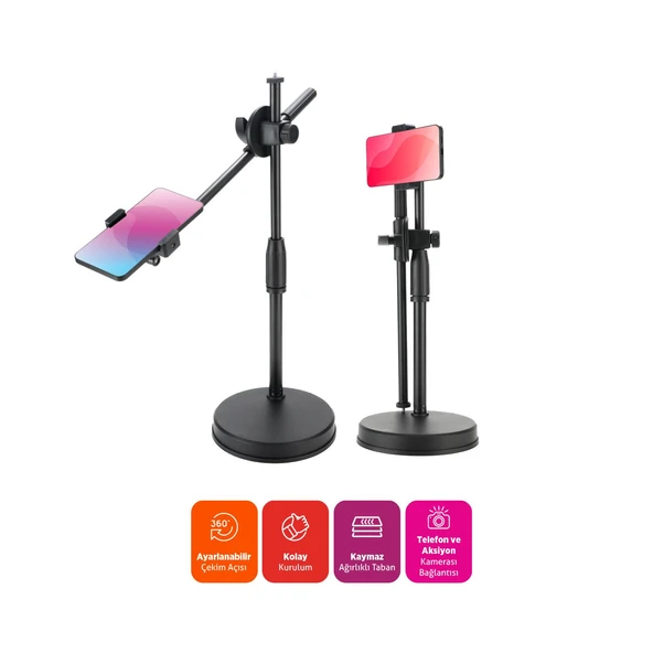 Polosmart PSM139 Masaüstü Tripod 360° Döner Telefon Tutucu Ring Light Uyumlu Siyah - Resim 2