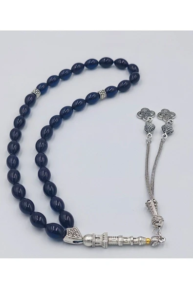 Siyah Mavi Arpa Kesim Alpaka Püsküllü Ateş Kehribar Tespih(AHŞAP KUTULU) ürün görseli