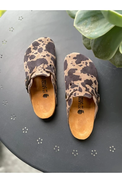 Land of Cork Anatomik Doğal Mantar Tabanlı Animal Print Süet Deri Kadın Terlik - Resim 4