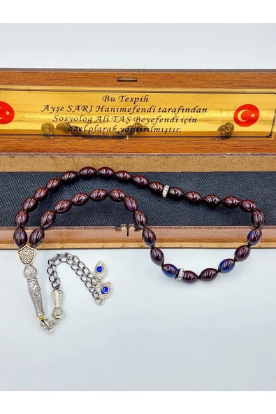 Siyah-mavi Alpaka Püsküllü Ateş Kehribar Tespih (AHŞAP KUTU) - Resim 2