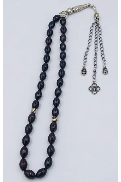 Siyah Alpaka Püsküllü Arpa Kesim Ateş Kehribar Tespih ürün görseli 1