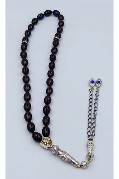 Siyah-mavi Alpaka Püsküllü Ateş Kehribar Tespih (AHŞAP KUTU) - Resim 4