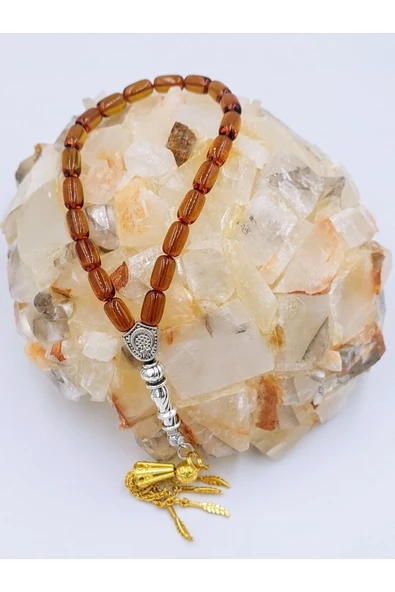 SARI BİLEK BOY ALPAKA PÜSKÜLLÜ ATEŞ KEHRİBAR TESPİH - Resim 3