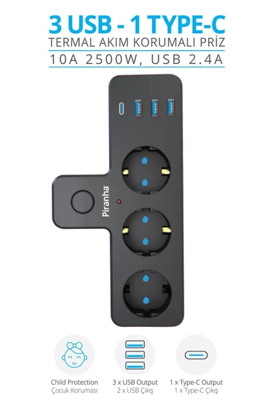 Piranha Akım Korumalı 3 USB 1 Type-C Girişli 3'lü Priz ürün görseli 1