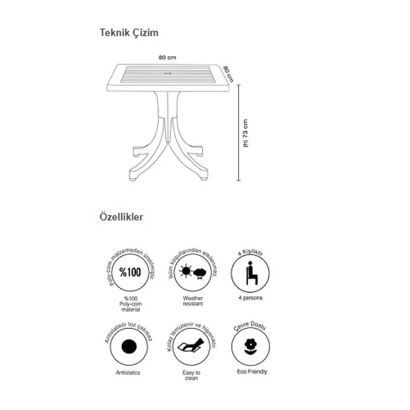 Papatya Pera Plastik Masa - 80x80 Kare Bahçe Balkon Masası -Teak & Ahşap Dekor - Resim 8