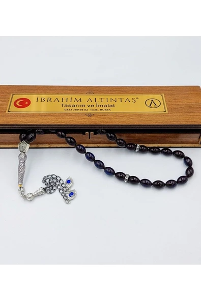 Siyah-mavi Alpaka Püsküllü Ateş Kehribar Tespih (AHŞAP KUTU) - Resim 5