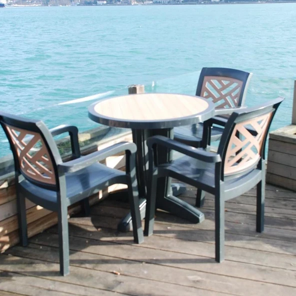 Papatya Pera Plastik Masa - 90lık Yuvarlak Balkon, Bahçe Masası -Yeşil & Taş Dekor - Resim 7