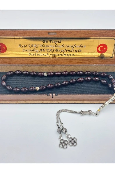 Siyah Mavi Arpa Kesim Alpaka Püsküllü Ateş Kehribar Tespih(AHŞAP KUTULU) - Resim 5