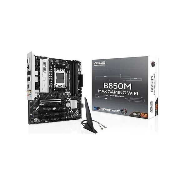 ASUS MB B850M MAX GAMING WIFI AMD B850 AM5 DDR5 8000 DP HDMI 3X M2 USB3.2 WİFİ 6 + BT AURA RGB MATX 256GB’A KADAR RAM DESTEĞİ, 8+2+1 GÜÇ AŞAMALARI, 1X ürün görseli 1