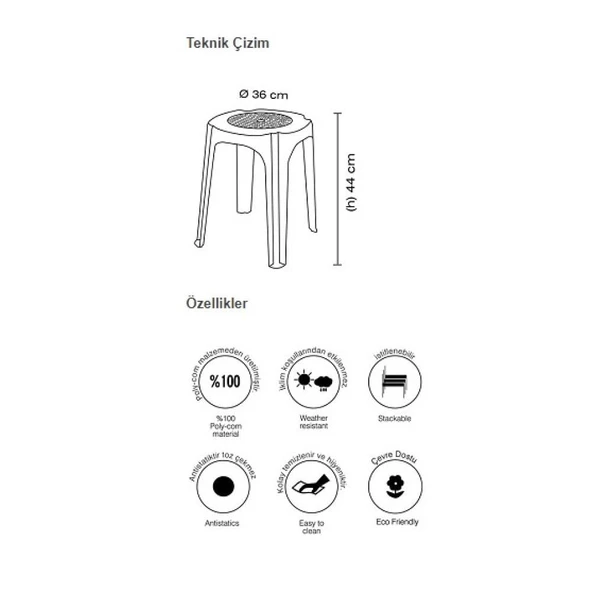 Papatya İnci Plastik Tabure Beyaz 4lü Paket - Bahçe Balkon Taburesi - Resim 3