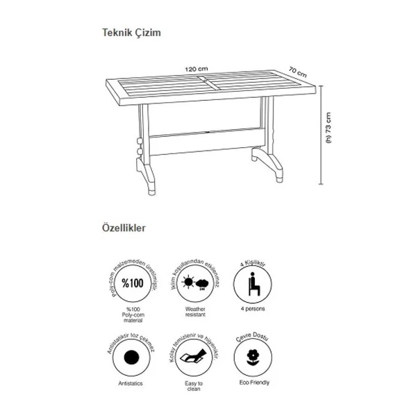 Papatya Pera Plastik Masa - 70x120 Bahçe Balkon Masası -Yeşil & Yaprak Dekor - Resim 7