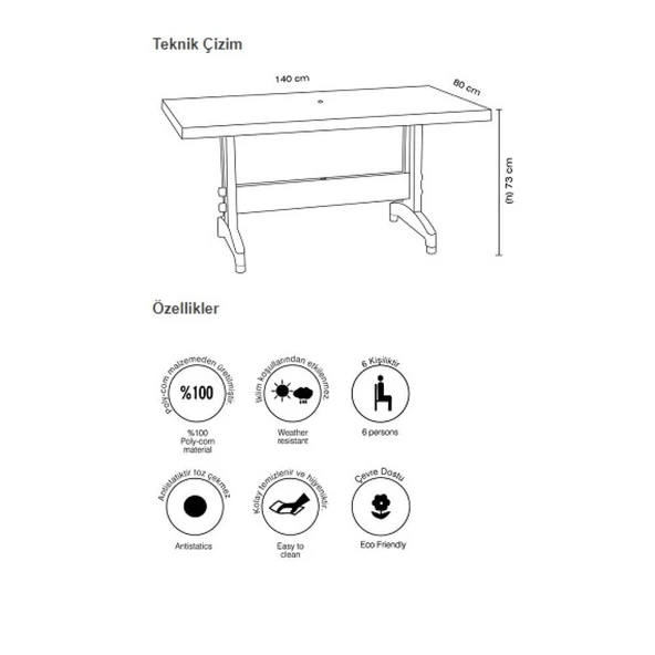 Papatya Prestige Plastik Masa Beyaz - 80x140 Bahçe Balkon Masası - Resim 5