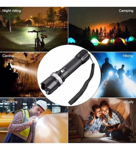 Profesyonel Şarjlı El Feneri Uzun Menzilli Şarjlı Zoomlu Süper Güçlü Acil Durum Feneri Çift Bataryal (5284) ürün görseli 1