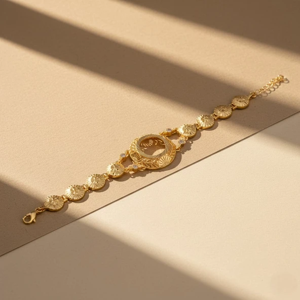 Altın Kaplama İmitasyon Çiçek Desenli Çeyrekli Çerçeve Bileklik BLK-1195 - Resim 4