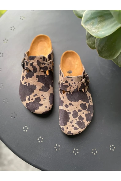 Land of Cork Anatomik Doğal Mantar Tabanlı Animal Print Süet Deri Kadın Terlik - Resim 3