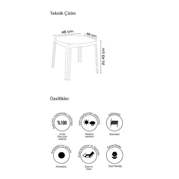 Papatya Royal Plastik Sehpa Teak 48x48x43 cm - İstiflenebilir, UV Korumalı - Resim 4