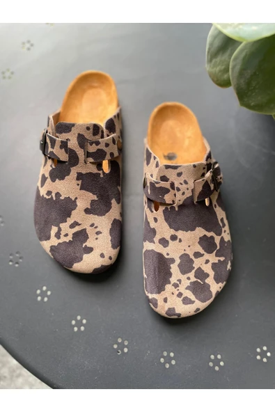 Land of Cork Anatomik Doğal Mantar Tabanlı Animal Print Süet Deri Kadın Terlik - Resim 6