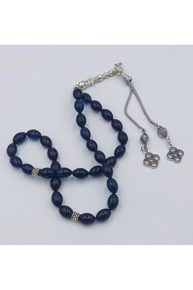 Siyah Mavi Arpa Kesim Alpaka Püsküllü Ateş Kehribar Tespih(AHŞAP KUTULU) - Resim 4