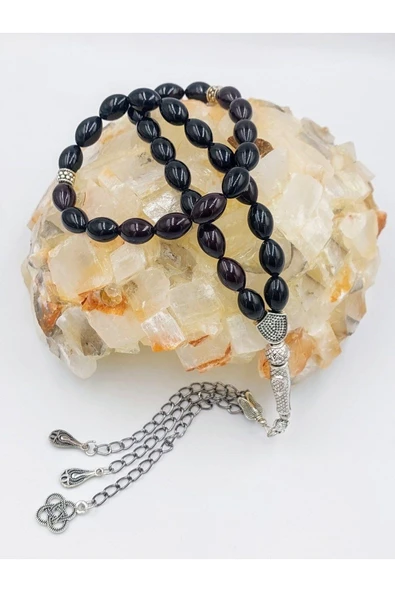 Siyah Alpaka Püsküllü Arpa Kesim Ateş Kehribar Tespih - Resim 5