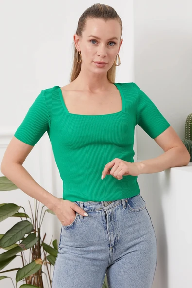 U Yaka Triko Yazlık Bluz - Resim 4