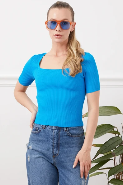 U Yaka Triko Yazlık Bluz - Resim 7