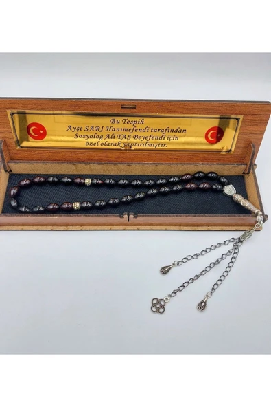 Siyah Alpaka Püsküllü Arpa Kesim Ateş Kehribar Tespih - Resim 3