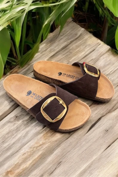 Land of Cork Anatomik Doğal Mantar Taban Hakiki Süet Deri Big Buckle Terlik - Resim 5