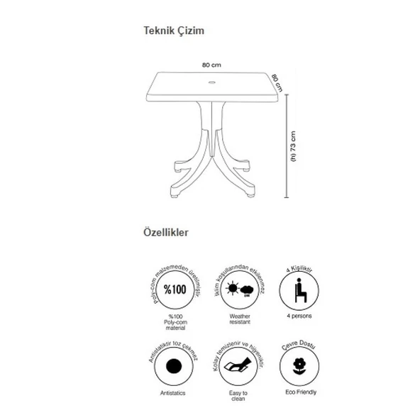 Papatya Favori Plastik Masa - 80x80 Kare Bahçe Balkon Masası -Siyah - Resim 6