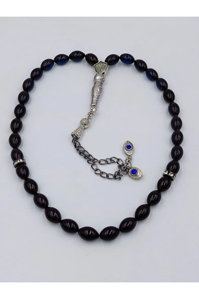 Siyah-mavi Alpaka Püsküllü Ateş Kehribar Tespih (AHŞAP KUTU) ürün görseli