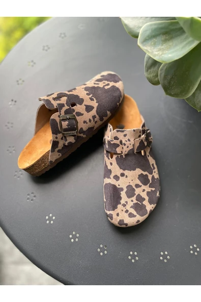 Land of Cork Anatomik Doğal Mantar Tabanlı Animal Print Süet Deri Kadın Terlik - Resim 2