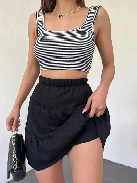 Şortlu Etek Beli Lastikli Parça Kumaş - Resim 7