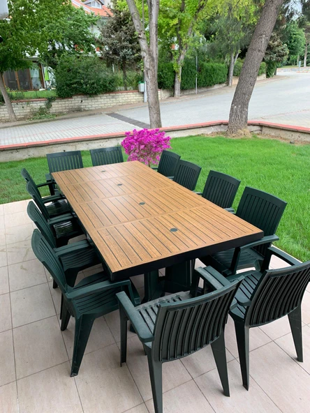Papatya Katar Plastik Masa - Bahçe Masası 115x240cm 10 Kişilik - Teak Renk - Resim 4