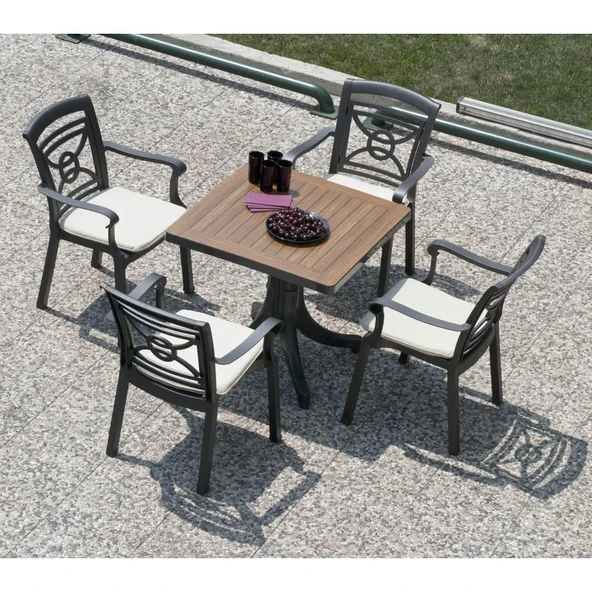 Papatya Pera Plastik Masa - 80x80 Kare Bahçe Balkon Masası -Yeşil & Ekru Dantel - Resim 5