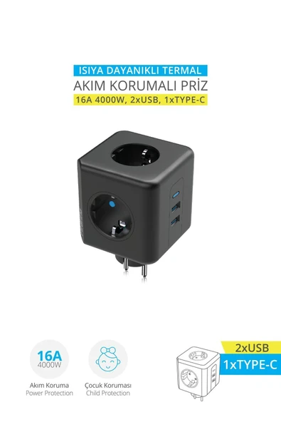 Piranha 45510 16A Akım Korumalı 3 Lü Priz 2XUSB 1XTYPE-C - Resim 2