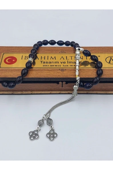 Siyah Mavi Arpa Kesim Alpaka Püsküllü Ateş Kehribar Tespih(AHŞAP KUTULU) - Resim 6