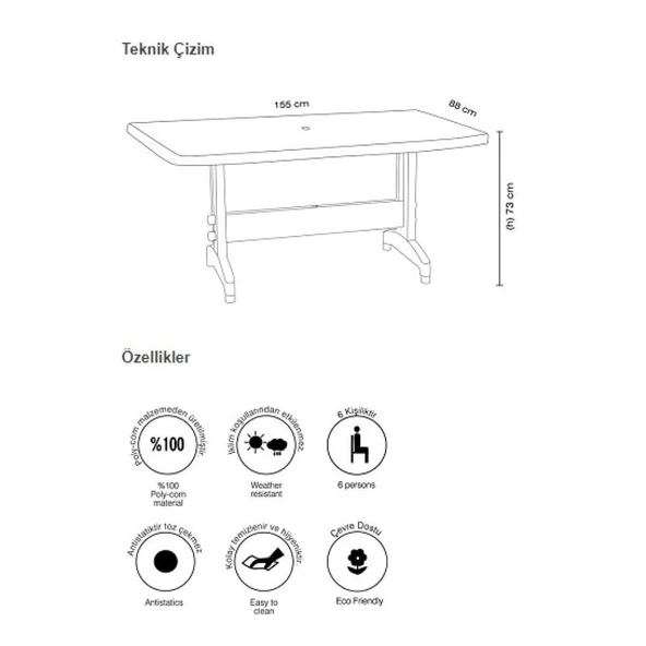 Papatya Prestige Plastik Masa Teak - 88x155 Bahçe Balkon Masası - Resim 3