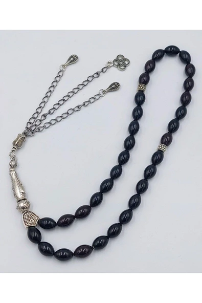 Siyah Alpaka Püsküllü Arpa Kesim Ateş Kehribar Tespih - Resim 4